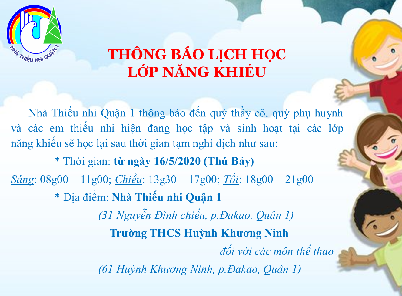 THÔNG BÁO LỊCH HỌC LỚP NĂNG KHIẾU NHÀ THIẾU NHI QUẬN 1