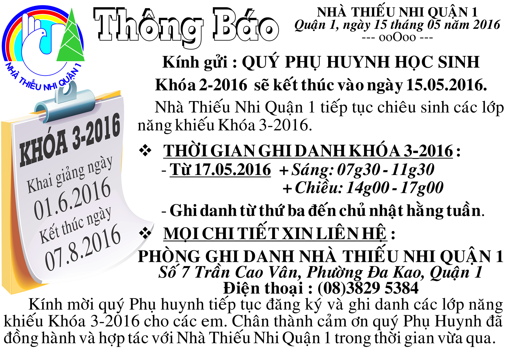 Thông Báo - Năng Khiếu Khóa Hè - Năm 2016 - NTNQ1